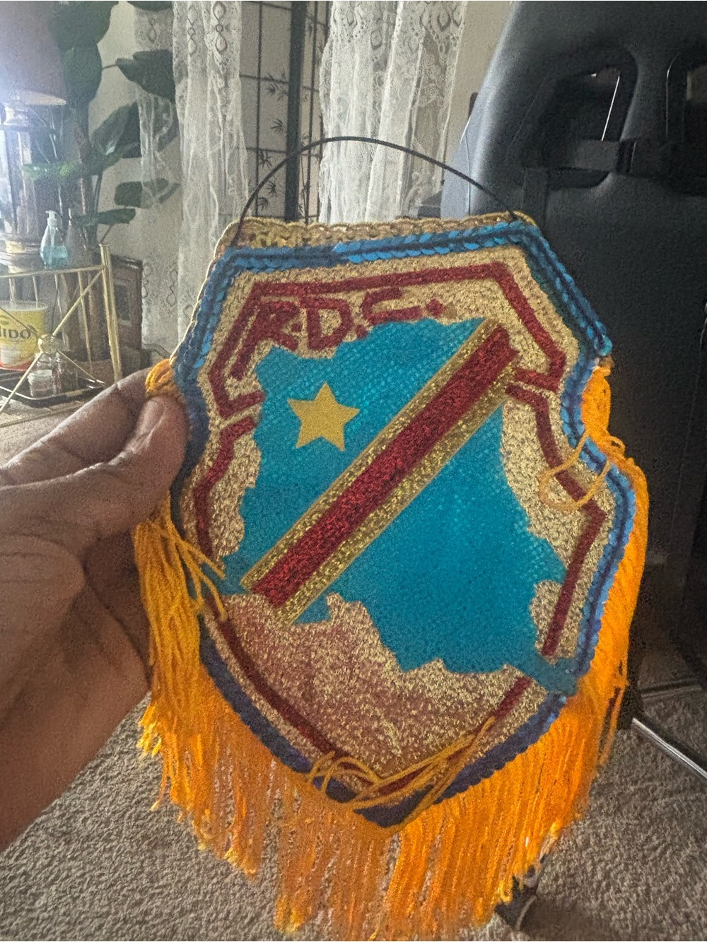 Beaded Shield Hanging with Bright Turquoise & Gold Fringe
